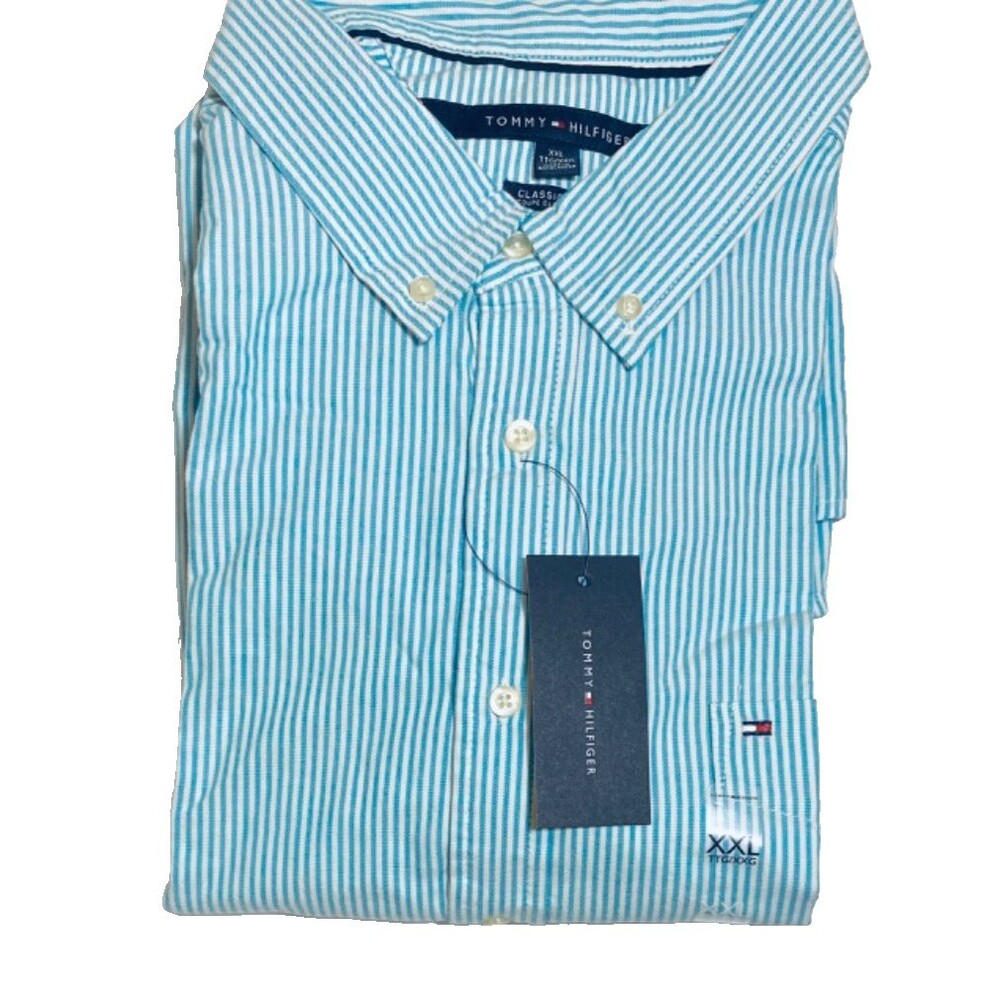 NWT Tommy Hilfiger Oxford Shirt~Mens XXL~Blue Stripes~Short Sleeves~100% Cotton